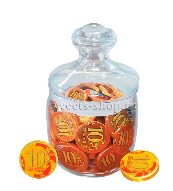 Шоколадные монеты "10 рублей" в стеклянной банке 4,5гр